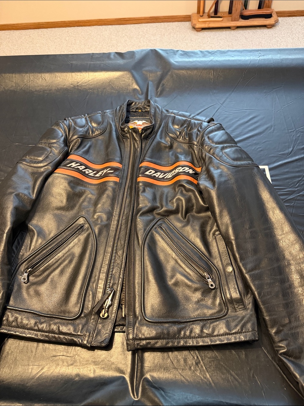Harley-Davidson Black Leather Bomber Jacket with Orange Stripes